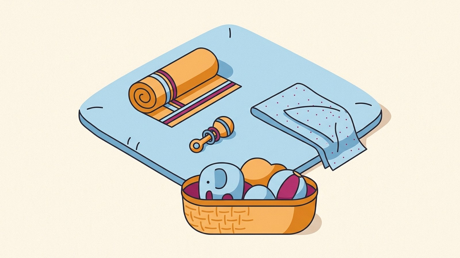 A soft play mat on a floor with a rolled towel and a rattle beside it