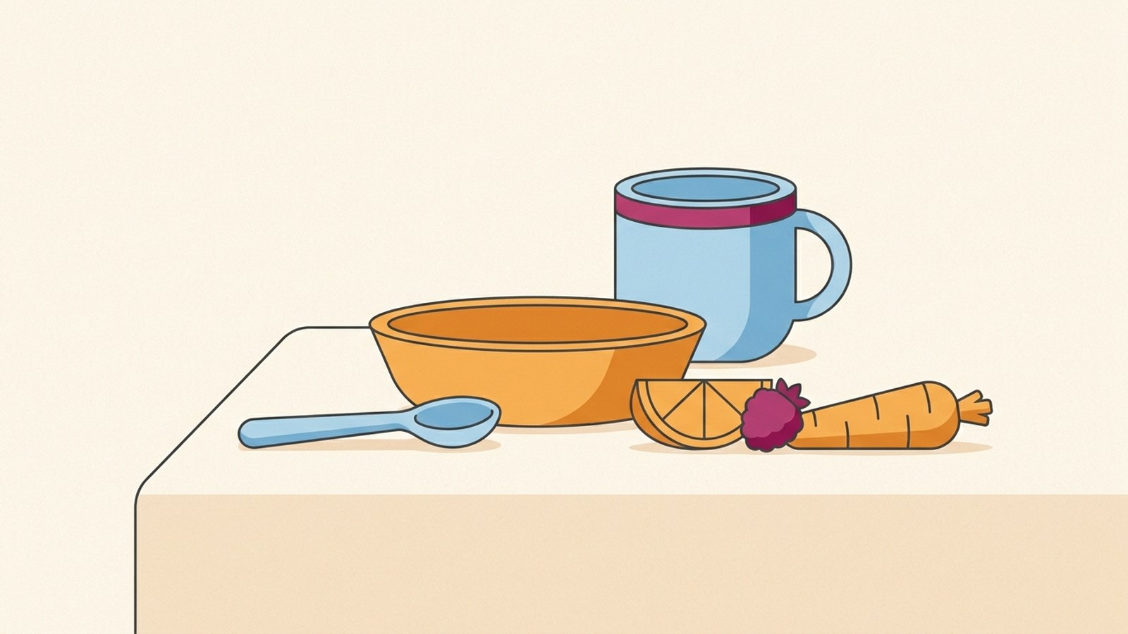 A small bowl and spoon on a table with a few pieces of cut fruit and vegetable beside them and a child sized cup behind