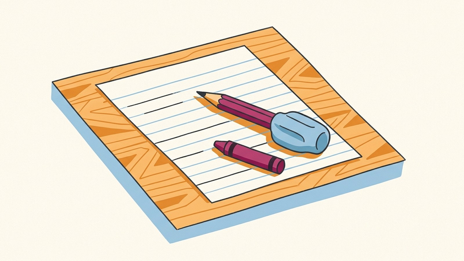 A pencil, a short crayon and a sheet of lined paper on a wooden table