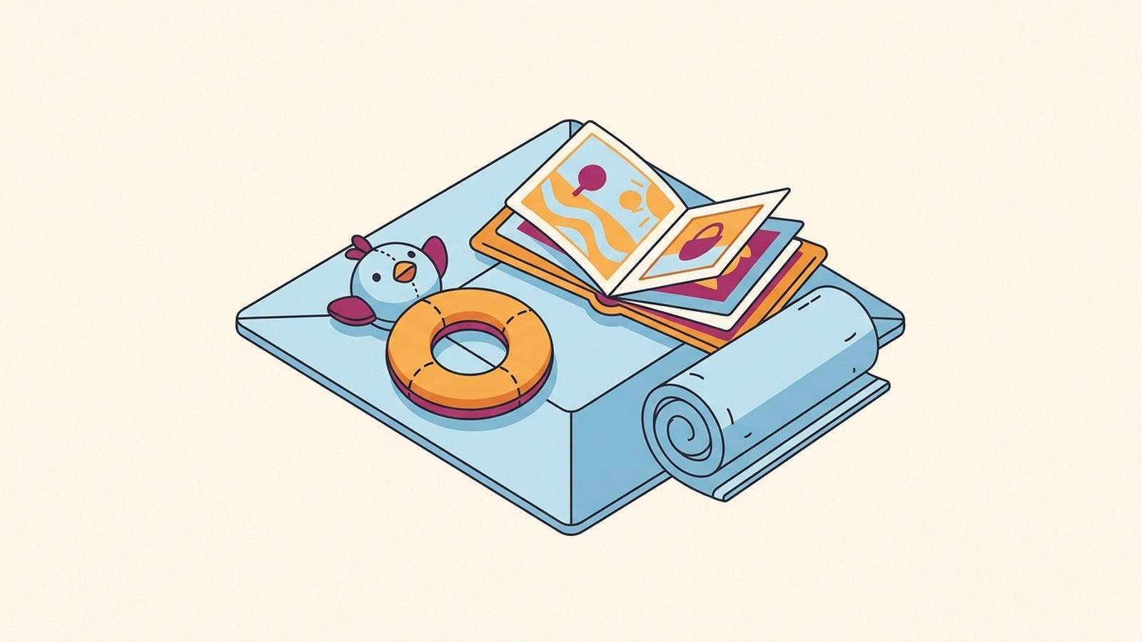 A soft ring rattle, a fabric book and a rolled towel on a play mat