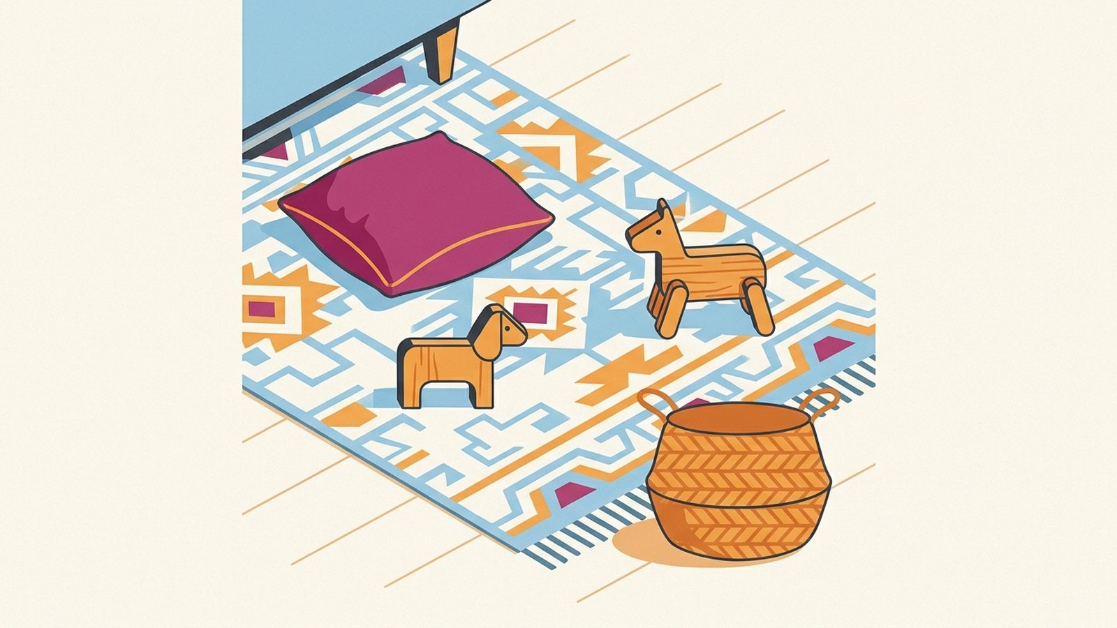 A living room rug with a few toys, a cushion and a low basket beside it
