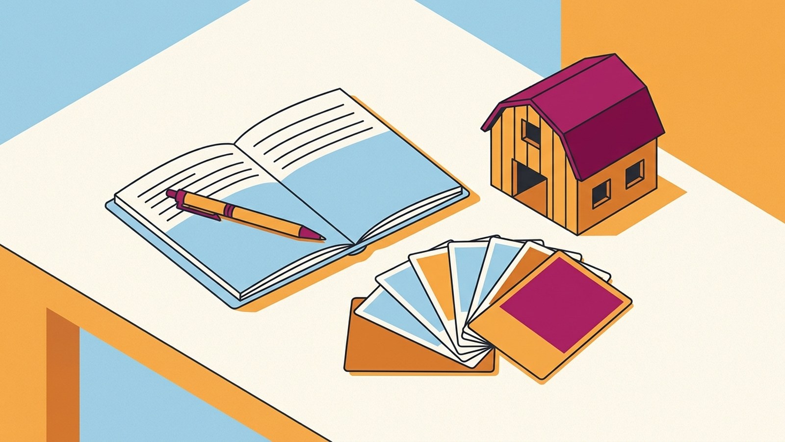 A set of picture cards, a small notebook and a toy barn on a table in a therapy room
